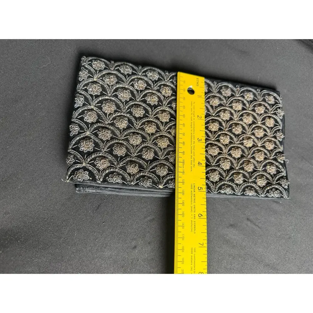 Vintage Zardozi Gold Silver Embroidered Black Velvet Envelope Clutch